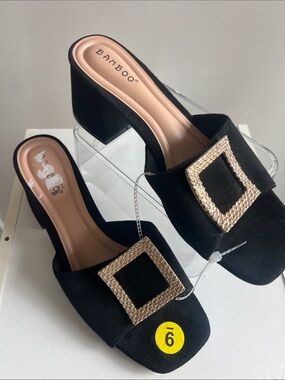 🔥🔥BAMBOO Black Block Heel Mules with Gold Buckle
